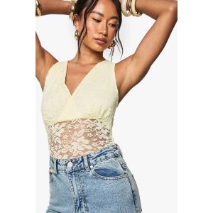 Body En Dentelle À Drapé - Citron - 44, Citron