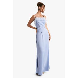 Robe Longue En Satin À Garniture De Plumes - Bleu Ciel - 42, Bleu Ciel