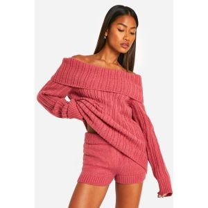 Chunky Knitted Bardot Jumper & Short Co-Ord - Rose - L, Rose