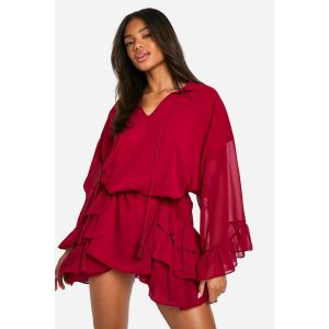 Mini Robe Smock À Détails De Volants - Rouge Bordeaux - 38, Rouge Bordeaux