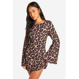 Robe Léopard À Dos Bas Et Manches Évasées - Marron - 42, Marron