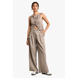 Pantalon À Rayures Fines Et Jambes Larges Sur Mesure - Marron Moka - 38, Marron Moka