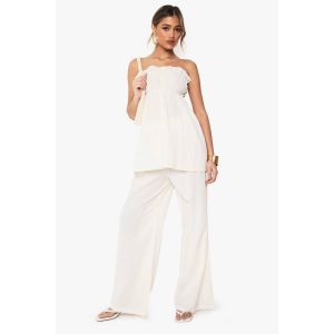 Ensemble Coordonné Look Lin Longline Bandeau Et Pantalon À Jambes Larges - Blanc Écru - 34, Blanc Écru