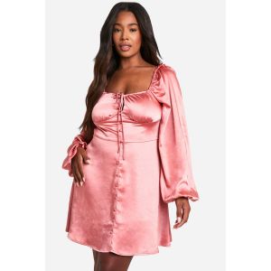 "Plus" Satin Balloon Sleeve Milkmaid Mini Skater Dress - Rose - 56, Rose