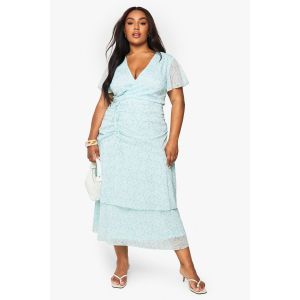"Plus" Ditsy Robe Maxi En Chiffon Froncée - Vert Menthe - 44, Vert Menthe