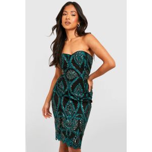 "Petite" Robe Midi À Bandeau En Sequins Damas - Bleu Sarcelle - 38, Bleu Sarcelle