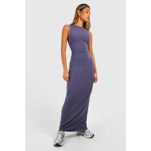 Robe Maxi En Jersey Côtelé À Encolure Rasante - Bleu Gris - 46, Bleu Gris