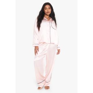 Ensemble Pyjama Chemise À Manches Longues En Satin Avec Garniture Contrastante - Grande Taille - Rose - 46, Rose
