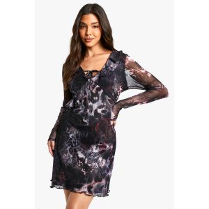 Mini Robe En Résille À Manches Longues Abstraite - Noir - 46, Noir