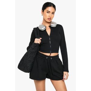 Double Zip Haut Côtelé À Manches Longues Et Short De Survêtement - Noir - M, Noir