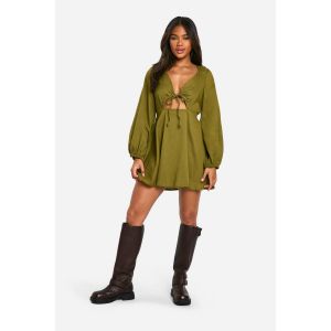Robe Mini En Tissu Aspect Lin Avec Détail Noué À L'Avant Et Manches Bouffantes - Vert Kaki - 46, Vert Kaki