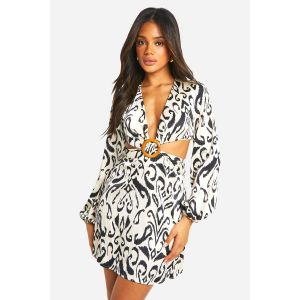 Robe Courte À Découpes Et Imprimé Abstrait - Blanc - 44, Blanc