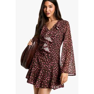 Robe Trapèze À Volants Imprimé Fleuri Ditsy - Marron - 44, Marron
