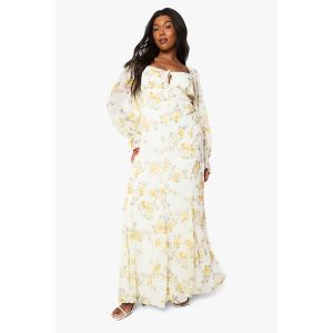 Robe Maxi Milkmaid En Chiffon Froissé À Imprimé Fleuri Ditsy "Plus" - Blanc Ivoire - 54, Blanc Ivoire