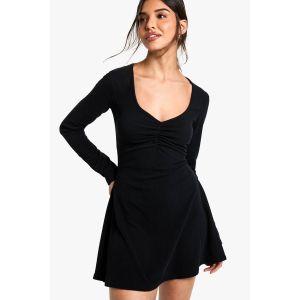 Robe Mini À Col En V Avec Détails Froncés Côtelés - Noir - 38, Noir