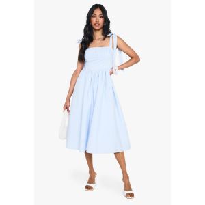 Cotton Ruched Bust Shoulder Tie Midi Dress - Bleu Clair - 38, Bleu Clair