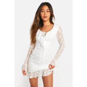 Robe Chemise En Dentelle À Volants Et Détail À Lacets Sur Le Devant - Blanc Cassé - 44, Blanc Cassé