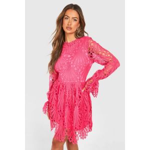 Robe Skater En Dentelle À Col Haut Et Manches Évasées - Rose Fuchsia - 38, Rose Fuchsia
