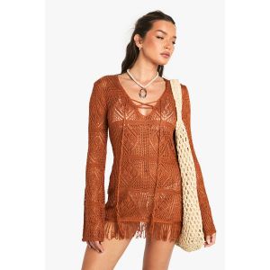 Tunique De Plage En Crochet Avec Pampilles - Orange Rouille - M, Orange Rouille