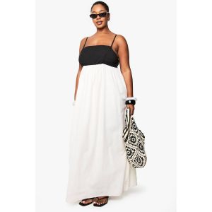 "Plus" Contrast Linen Smock Maxi Dress - Blanc Ivoire - 46, Blanc Ivoire