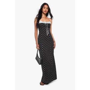 Robe Maxi Bustier Froncé À Pois En Coupe Colonne - Noir - 38, Noir