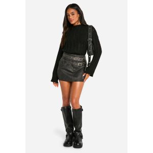 Jupe Micro Mini En Synthétique Lavée À Double Ceinture - Rouge Vin - 38, Rouge Vin