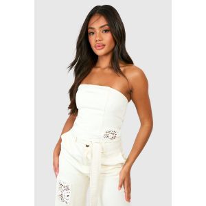 Crochet Mix Denim Bandeau Top - Blanc Écru - 40, Blanc Écru