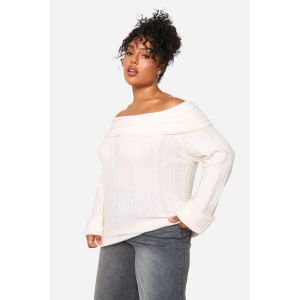Pull-Over Grande Taille À Encolure Côtelée Style Bardot Et Coupe Longue - Blanc Écru - 44-46, Blanc Écru