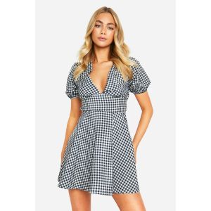 Robe Smock En Vichy À Manches Bouffantes - Noir - 36, Noir
