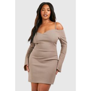 Grande Taille - Robe Courte À Épaules Dénudées Et Manches Longues - Marron Taupe - 22, Marron Taupe