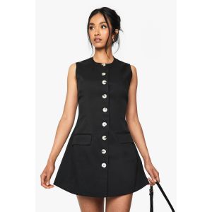 Robe Mini Ajustée À Boutons Et Taille Cintrée - Noir - 36, Noir