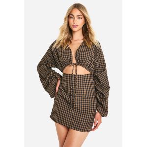 Robe Mini En Vichy À Manches Volumineuses - Marron - 40, Marron