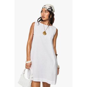 Robe Mini Shift En Lin À Dos Échancré - Blanc - 38, Blanc
