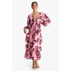 Robe Midaxi En Chiffon Floral À Décolleté Plongeant Et Volants - Rose Poudré - 44, Rose Poudré