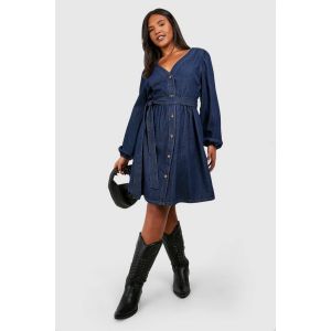 Robe Skater Ceinturée En Denim Grande Taille - Bleu Indigo - 48, Bleu Indigo