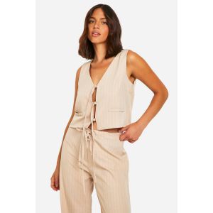 Gilet Ajusté À Rayures Fines À Devant Lacé - Gris Pierre - 40, Gris Pierre