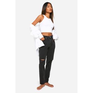 Boohoo Basics Jeans Mom Déchirés À Taille Haute 32 Pouces - Noir Délavé - 34, Noir Délavé