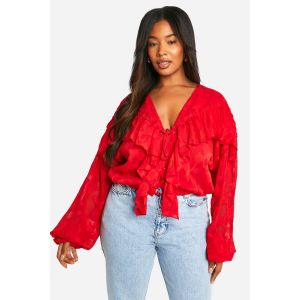 Blouse Burnout Grande Taille À Lacets Et Poignets À Volants - Rouge - 56, Rouge