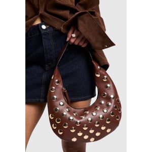 Half Moon Sac À Bandoulière À L'Aspect Cuir Clouté - Marron Chocolat - One Size, Marron Chocolat