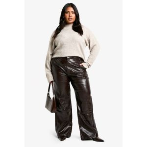 "Plus" Croc Pu Pantalon Droit - Marron Chocolat - 46, Marron Chocolat