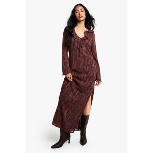Robe Maxi Jacquard Avec Volants Et Fente Latérale - Marron Chocolat - 38, Marron Chocolat