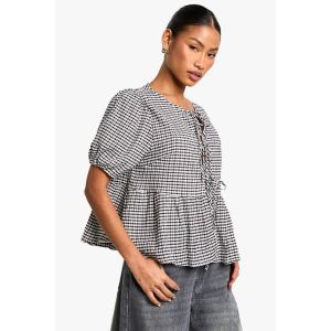 Top Smock En Gingham Avec Nœud À L'Avant Et Manches Bouffantes - Noir - 36, Noir