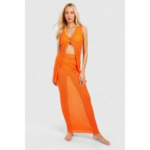 Ensemble Tricoté En Crochet : Gilet Long Et Jupe Maxi - Orange - 44, Orange