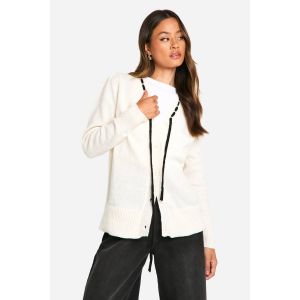 Cardigan En Maille Long À Ruban Contrasté - Blanc Ivoire - S, Blanc Ivoire