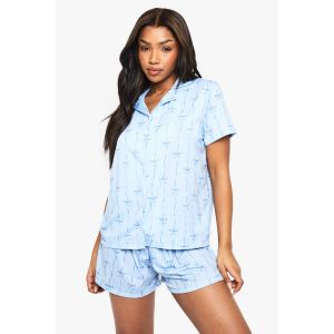 Ensemble Pyjama À Manches Courtes Avec Chemise Et Short À Imprimé Mixte Nœud Et Rayures - Bleu - 42, Bleu