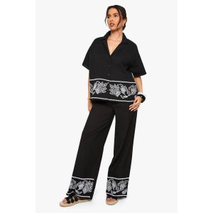 Pantalon Large Jambe En Popeline De Coton Avec Bordure Brodée - Noir - 34, Noir