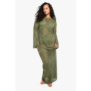 Robe De Plage Maxi Grande Taille À Manches Évasées - Vert Kaki - 46, Vert Kaki