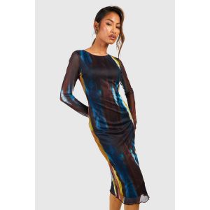 Robe Moulante En Mesh Imprimé À Manches Longues - Bleu - 42, Bleu