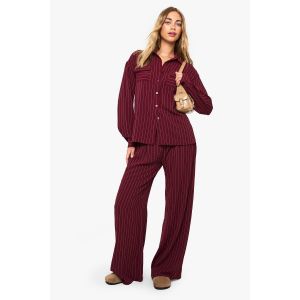 Pantalon Tissé À Rayures, Plissé, À Jambe Large - Rouge Bordeaux - 40, Rouge Bordeaux