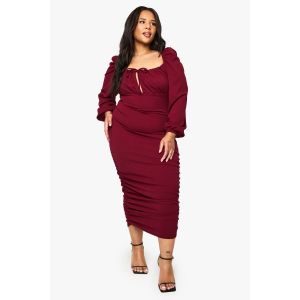 Robe Midi Grande Taille À Manches Blouson Ruched - Rouge Lie De Vin - 46, Rouge Lie De Vin